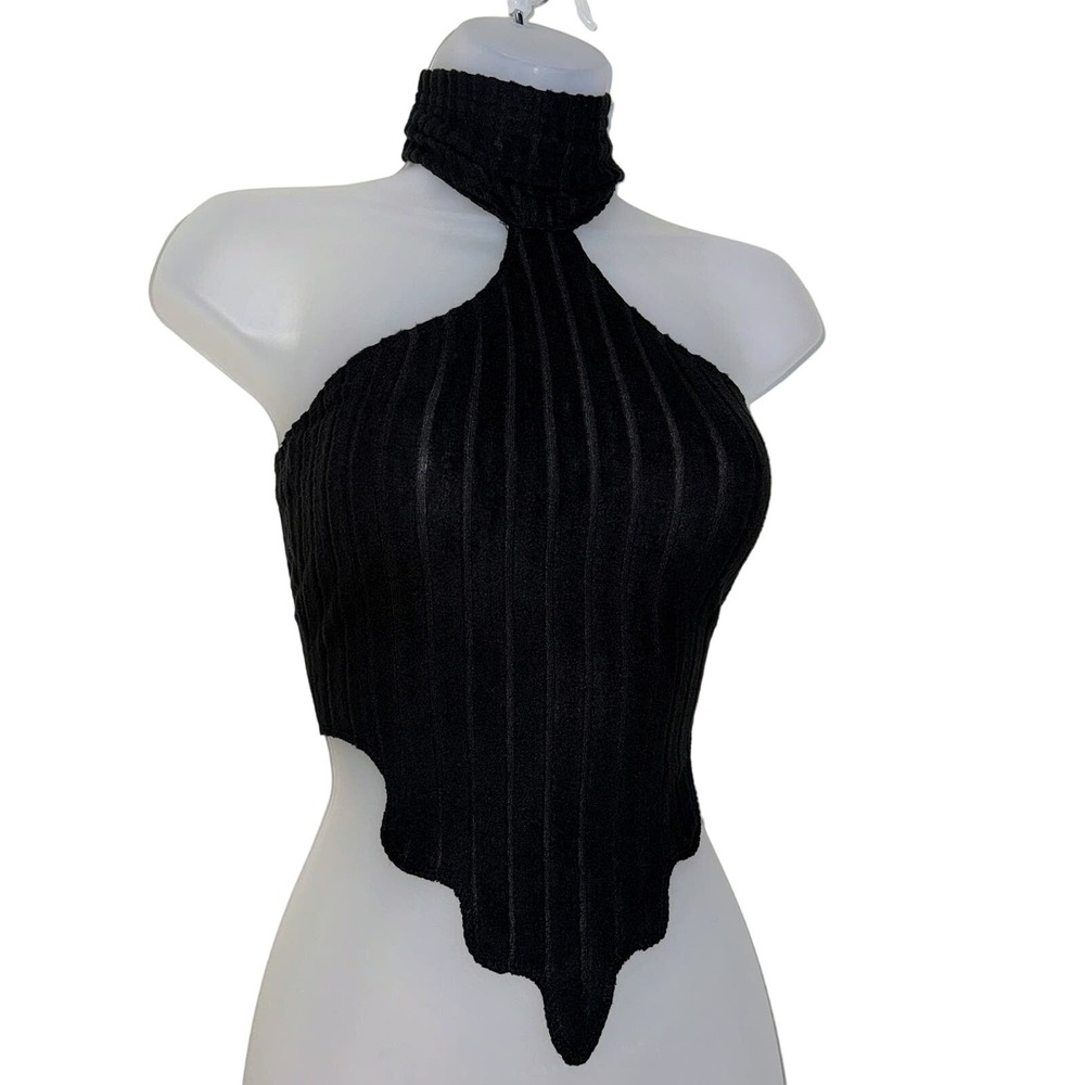New Small Black High Neck Sleeveless Turtleneck Ribbed Drip Hem Crop Triangle